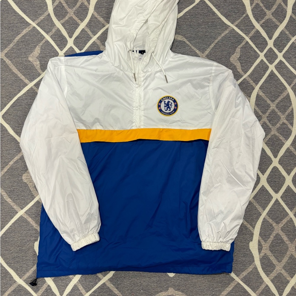 White and Blue Hooded Windbreaker